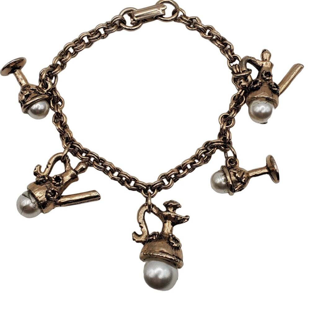 Cocktail Shaker Charm Bracelet Silver Tone Barware Pearl Martini Mid Century 60s